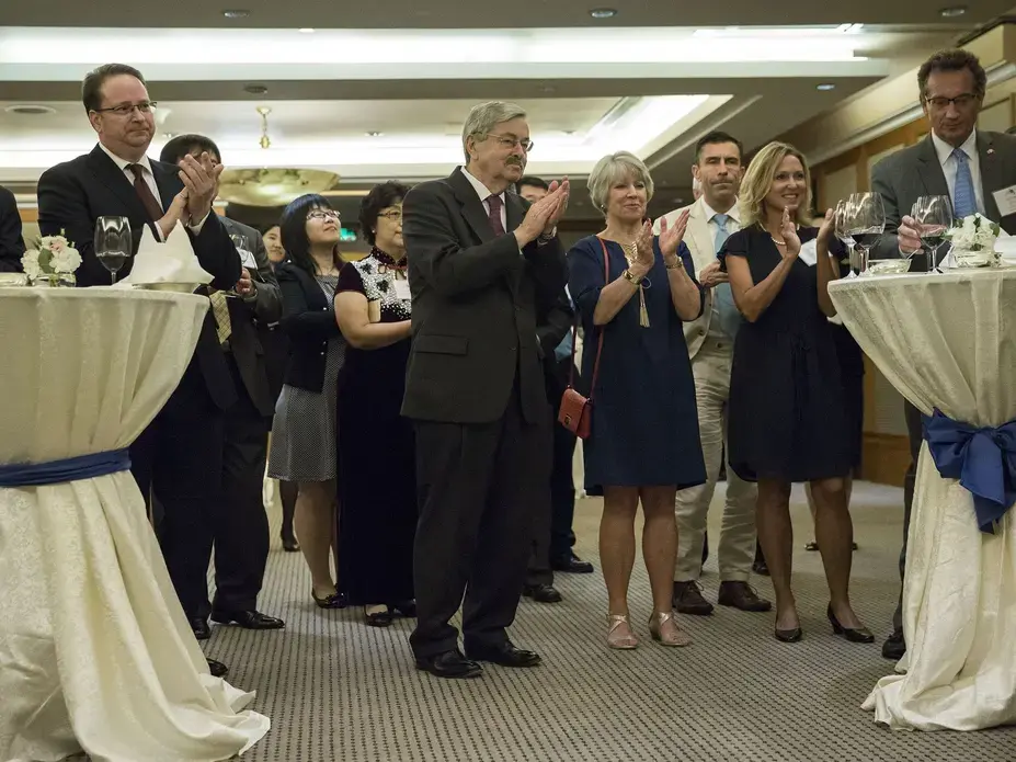 Terry Branstad, U.S. ambassador to China, with his wife Chris Branstad attend a reception hosted by the Iowa Sister States organization on Wednesday, Sept. 20, 2017, in Beijing, China. Image by Kelsey Kremer. China, 2017.
