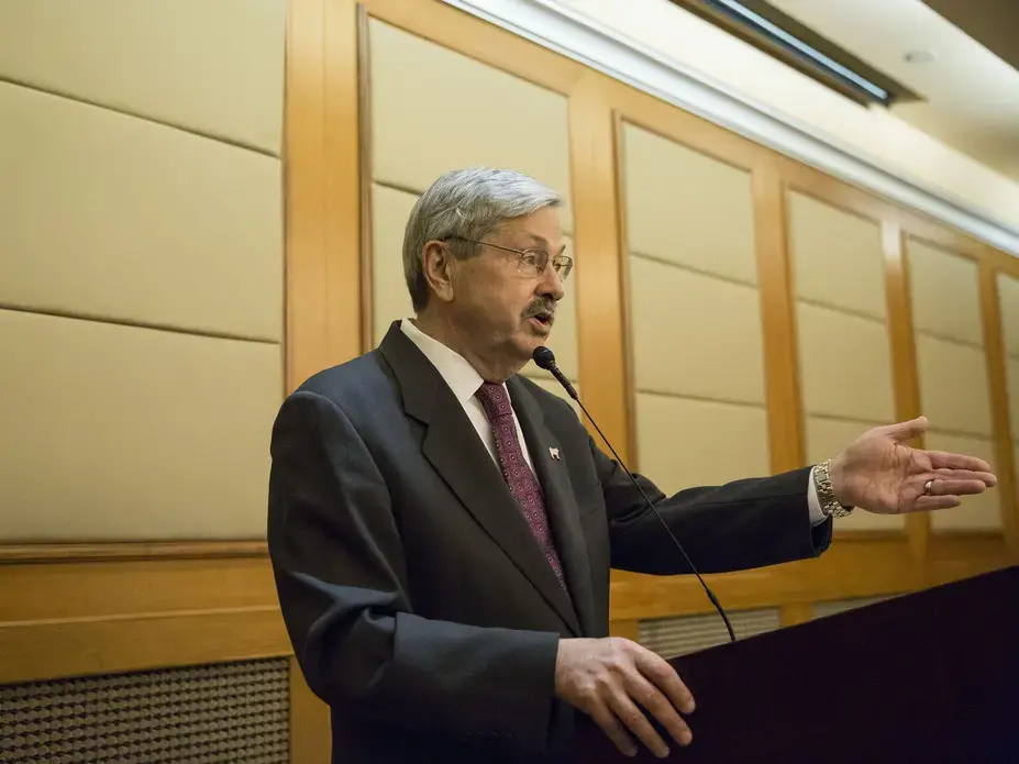Branstad, U.S. ambassador to China gives a short speech during an Iowa Sister States reception on Wednesday, Sept. 20, 2017, in Beijing, China. Image by Kelsey Kremer. China, 2017.