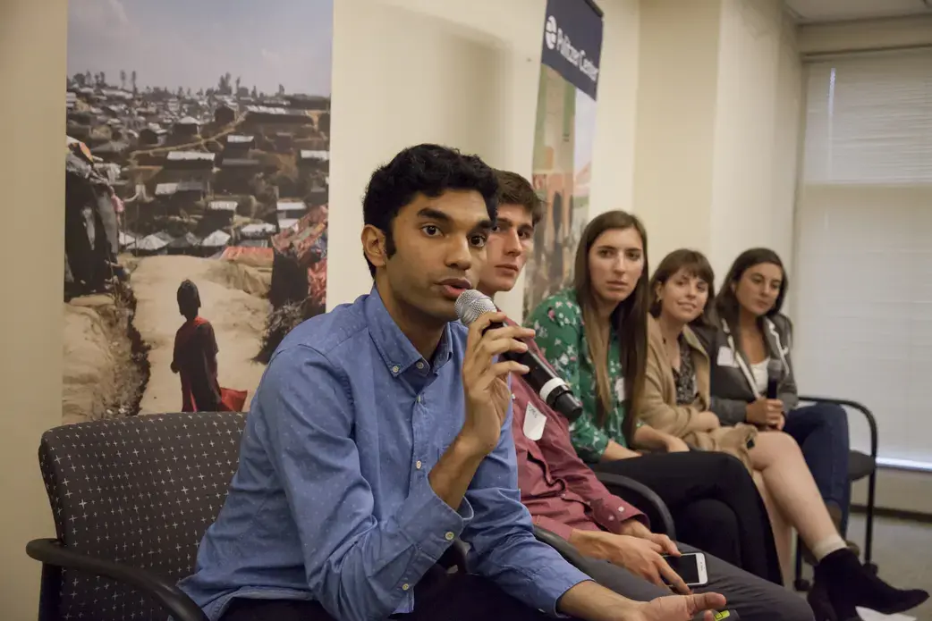 Rohan Naik (Yale University), Tomas Woodall Posada (Forsyth Technical Community College), Kiley Price (Wake Forest University), Meg Vatterot (University of Missouri), and Jacqueline Flynn (Texas Christian University) present on climate change and the environment. Image by Jin Ding. United States, 2018.