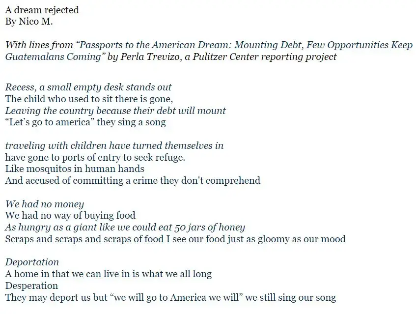 Poem by Nico M., a 6th grade student at DC International School. United States, 2019.