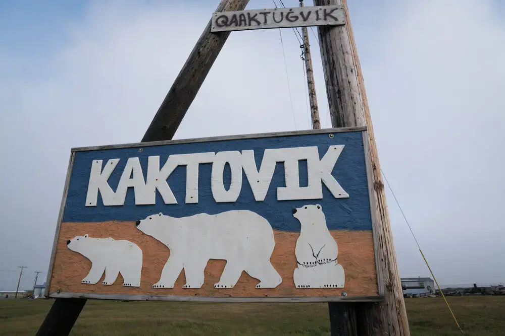 A sign welcoming visitors to polar bear central. Image by Nick Mott. United States, 2019.
