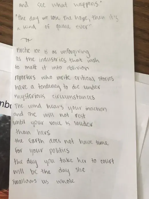 Poem by a student at RJ Reynolds High School, written in response to 'An Environmental Newspaper Fights for Press Freedom in the Russian Arctic' by Amy Martin. Image by Hannah Berk. United States, 2019.