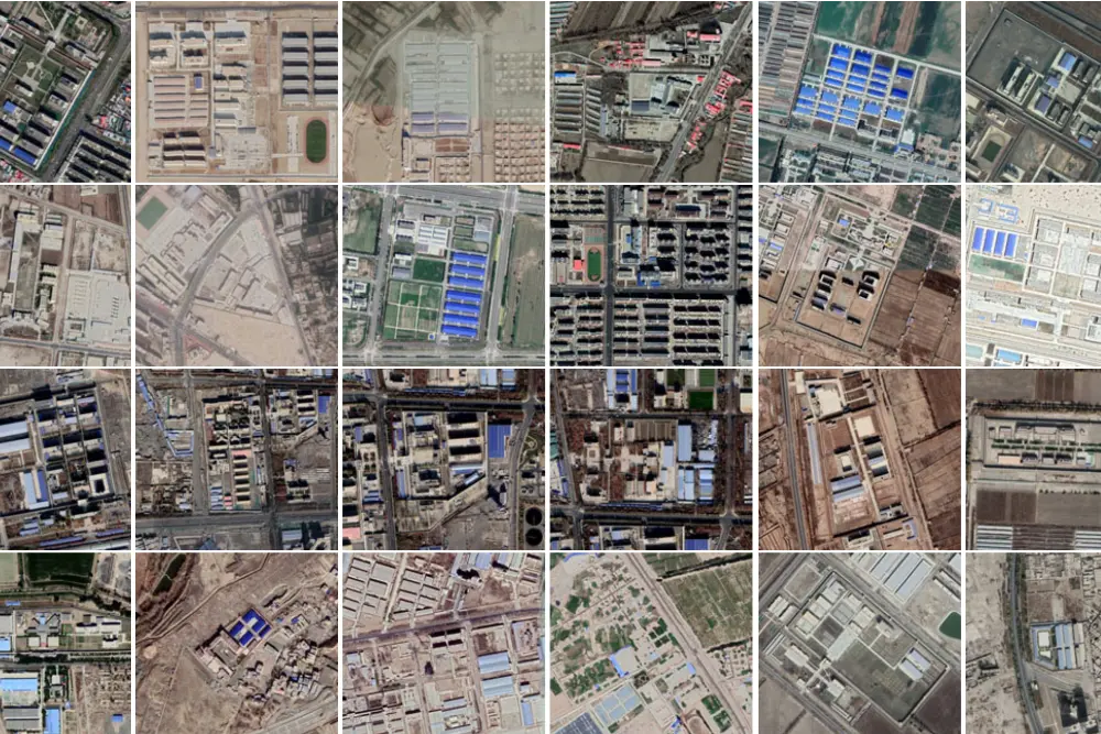 A mosaic of satellite images of Chinese detention camps.