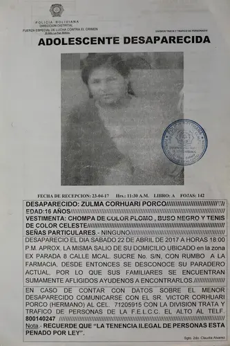 Zulma Corhuari went missing on April 22, 2017. She was wearing a gray jacket, black blouse and light blue tennis shoes. Image by Tracey Eaton. Bolivia, 2017.