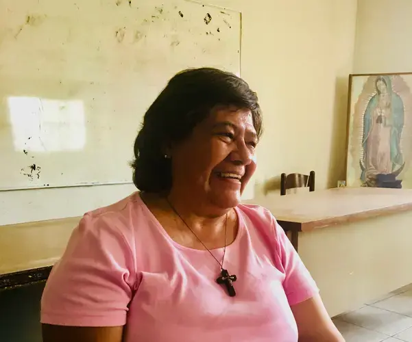 Sister Maria Antonia Aranda has been working with the parish priest since January to coordinate legal aid and offer counseling to migrants, including talk and heat therapy. Image by Lily Moore-Eissenberg. Mexico, 2019.