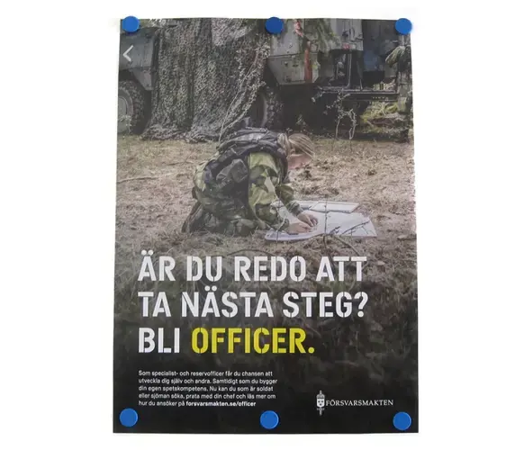A poster in the recruit barracks asks, “Are you ready to take the next step? Become an officer” in Boden on September 11. Image by Teresa Fazio/Foreign Policy. Sweden, 2018.
