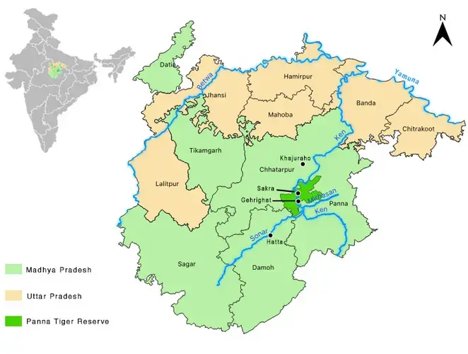 Note: District borders are based on Election Commission of India’s polling station locations, scraped by Datameet.org. Rivers from OpenStreetMap; Borders for Panna Tiger Reserve are from Protected Planet. </p>
<p>