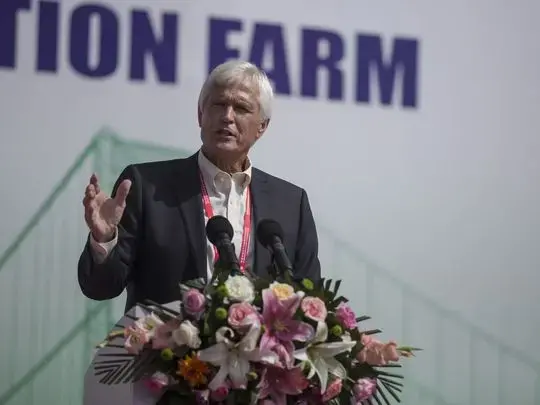 Rick Kimberley, a farmer from Maxwell, Iowa, gives a speech during the groundbreaking ceremony for the China-US Demonstration Farm on Saturday, Sept. 23, 2017, in Luanping County, Hebei, China. The farm in China will be modeled after Kimberley's farm in Iowa. Image by Kelsey Kremer. China, 2017.
