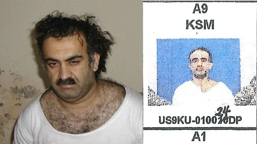 Khalid Sheik Mohammed, at left, in a photo released by the CIA soon after his March 2003 capture in Pakistan. At right, a never-published mug shot soon after his September 2006 transfer to Guantánamo, shows dramatic weight loss during his time in CIA custody. The mug shot, which also shows the arms of two soldiers in camouflage holding him, was taken from a chart of cell assignments at the covert Camp 7 obtained by McClatchy. Courtesy of McClatchy. 2018.
