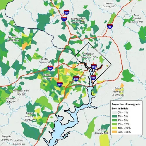 The map above shows the percentages of Bolivian-born residents of the Washington, D.C., metro area. Map courtesy of the Institute for Immigration Research at George Mason University. 