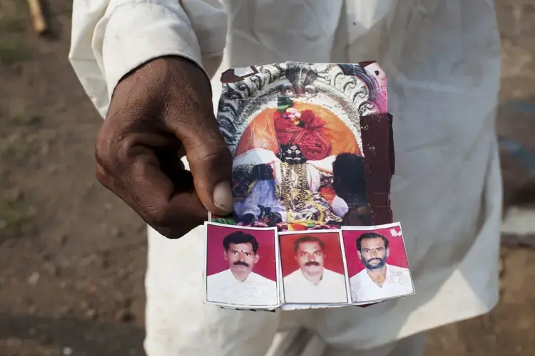 Passport photos of three of the five victims who died during a mob lynching in Rainpada: (left to right) Bharat Shankar Malave, Dadarao Shankar Bhosale, and Bharat Shankar Bhosale. Image by Prarthna Singh. India, 2018.