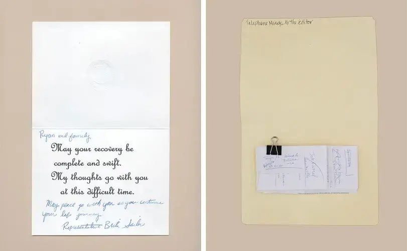 (L): Former state representative Brita Sailer’s card to Red Lake survivor Ryan Auginash. (R): A collection of phone messages to the editor of the Newtown Bee, from the Sandy Hook Shootings Collection, State Archives at the Connecticut State Library. Hartford, CT. Image by Andres Gonzalez. 