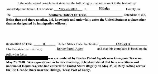 Part of the criminal complaint filed against 'Carlos.' He pled guilty to illegally entering the U.S. on May 29, 2018. Image by Jay Root. United States, 2018.