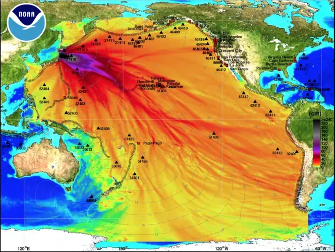 Ocean energy distribution forecast map for the 2011 Sendai earthquake. Image by US NOAA. 2011.