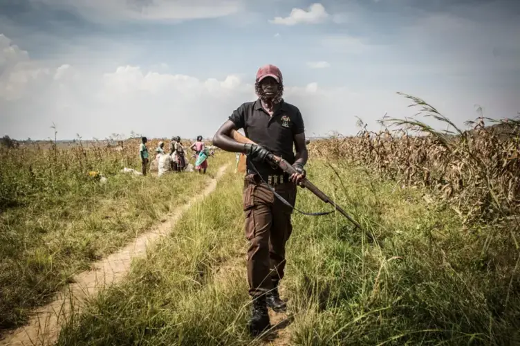 A volunteer patrols a maize field in Barkin Ladi. Image by Jane Hahn. Nigeria, 2018.