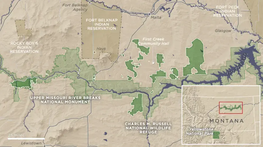 American Prairie Reserve’s purchased and leased land is shown in green with white borders adjacent to Upper Missouri Breaks National Monument and Charles M. Russell National Wildlife Refuge. Together, these parcels complete a network of land larger than Yellowstone National Park, the second-largest national park in the Lower 48 states. Source: American Prairie Reserve, Montana State Library, U.S. Geological Survey 1 Arc-Second SRTM, Natural Earth, Montana Department of Transportation, U.S. Census Bureau, National Park Service. Image courtesy of Daniel Wood / NPR.