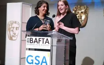 Ingrid Holmquist and Sana Malik receiving BAFTA Student Film Award for their film 'Guanajuato Norte'. United States, 2019.