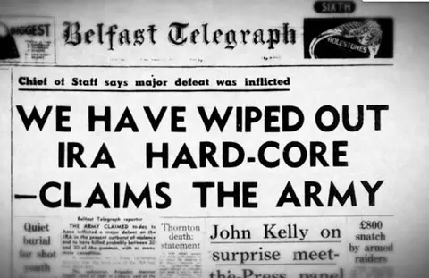 Belfast Telegraph headline reading, "We have wiped out IRA hard-core—claims the army"
