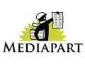 Mediapart is written in black letters. Above the letters there is a person carrying a newspaper.