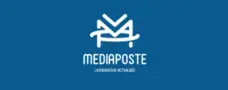 Mediaposte is written in white letters with a blue background and abstract arrows drawn.