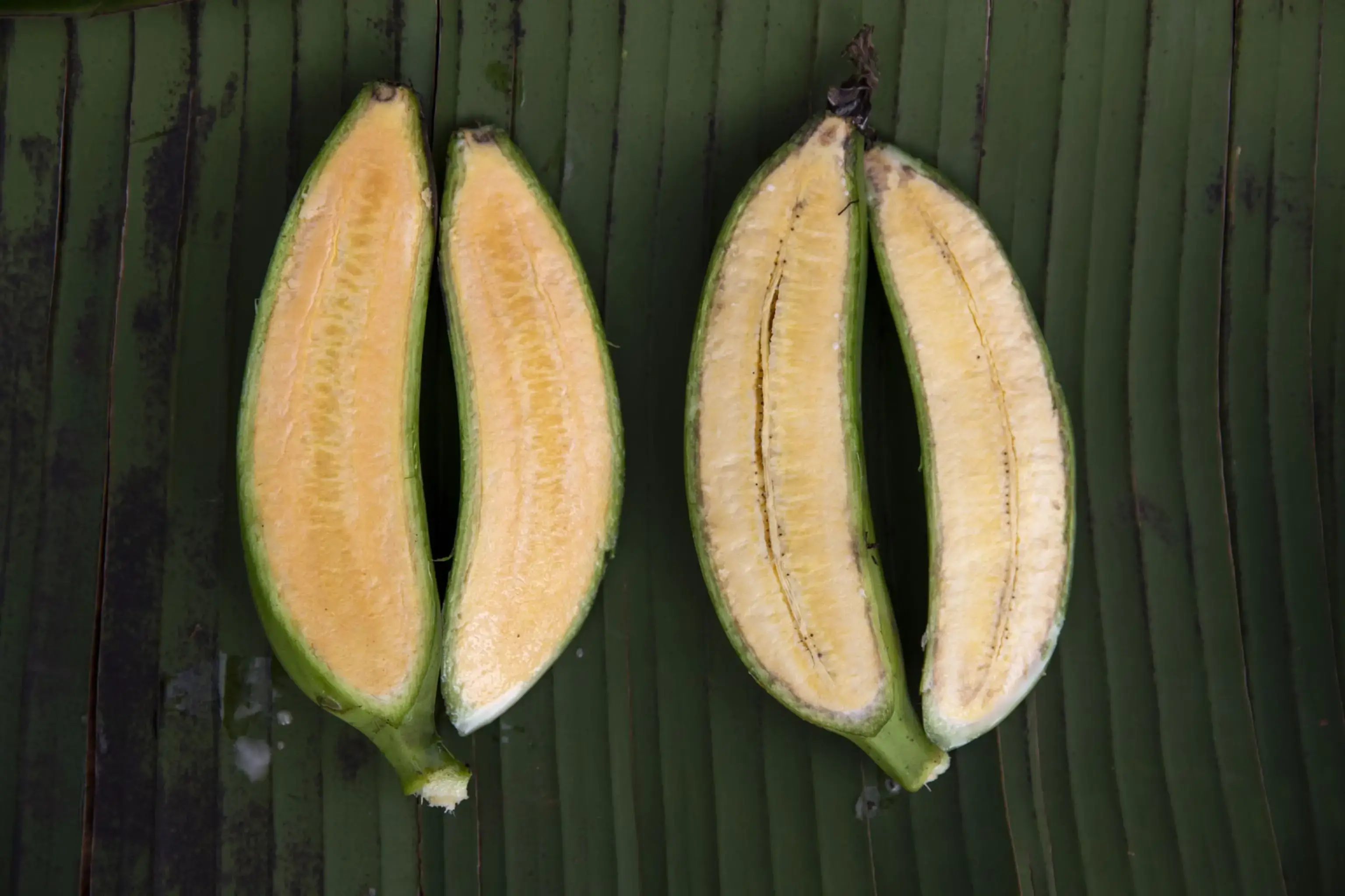 two bananas, cut lengthwise, sit on a green leaf