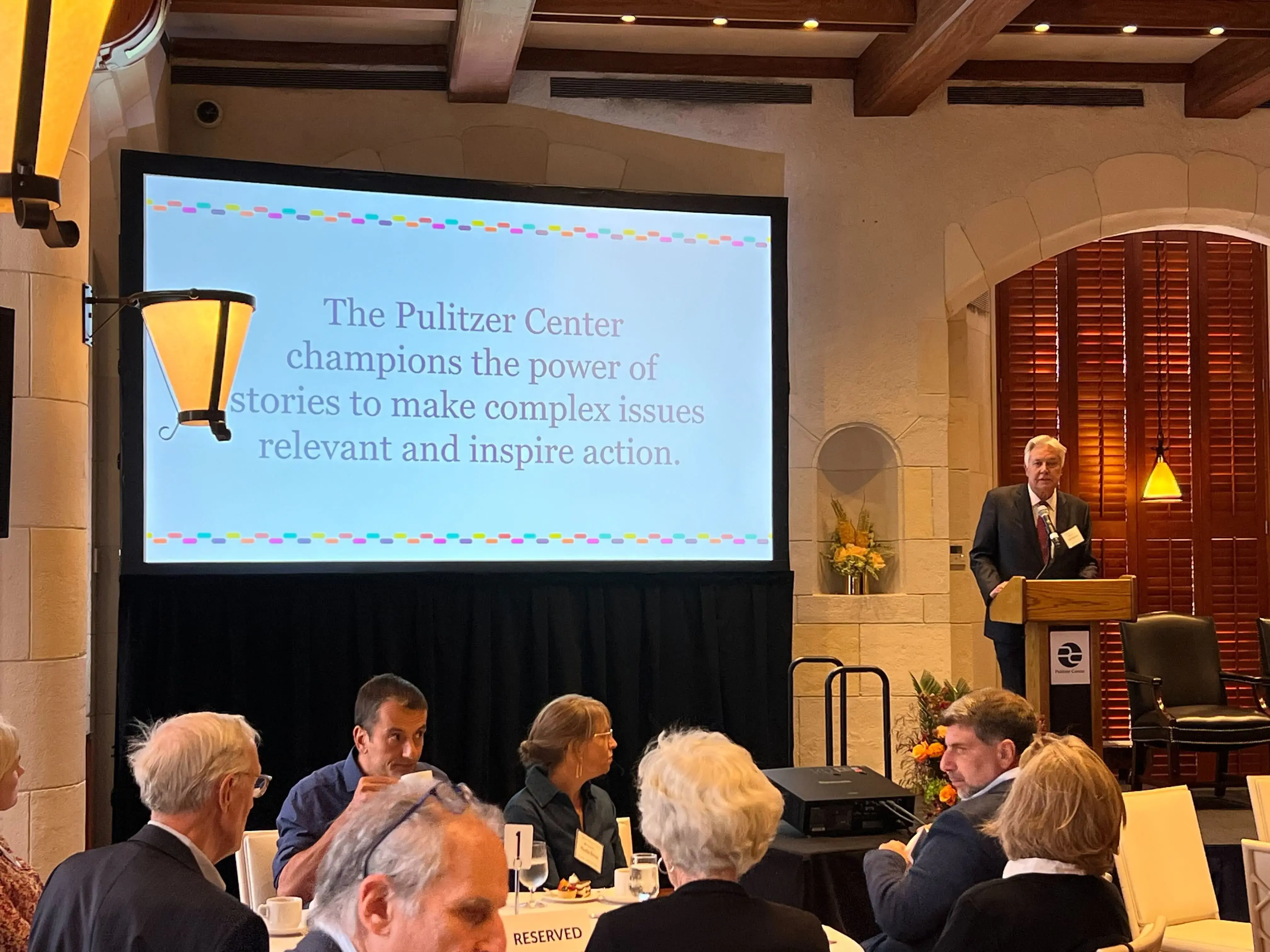 Pulitzer Center CEO and President Jon Sawyer speaks at the Yale Club in New York City on September 21, 2023. Image by Mikaela Schmitt. United States.