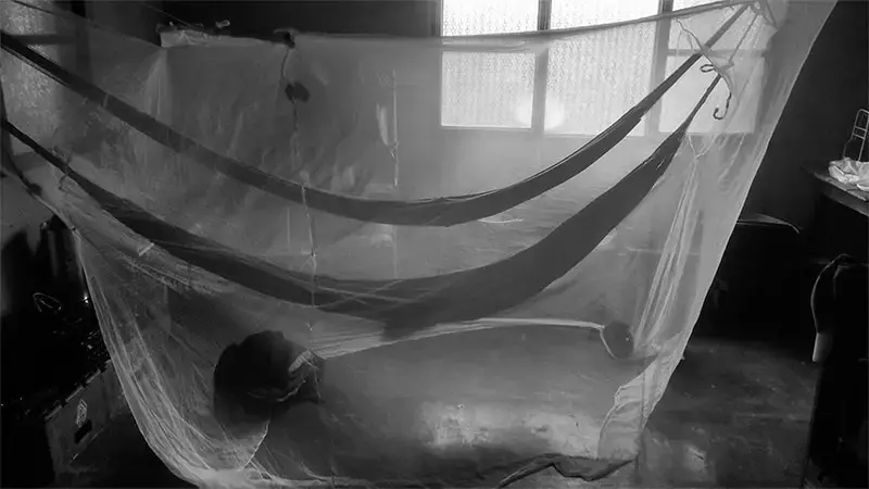 black and white image of mosquito netting around a room, Venezuela