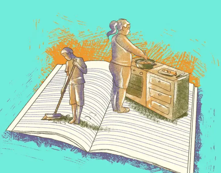 Illustration of children working atop a book