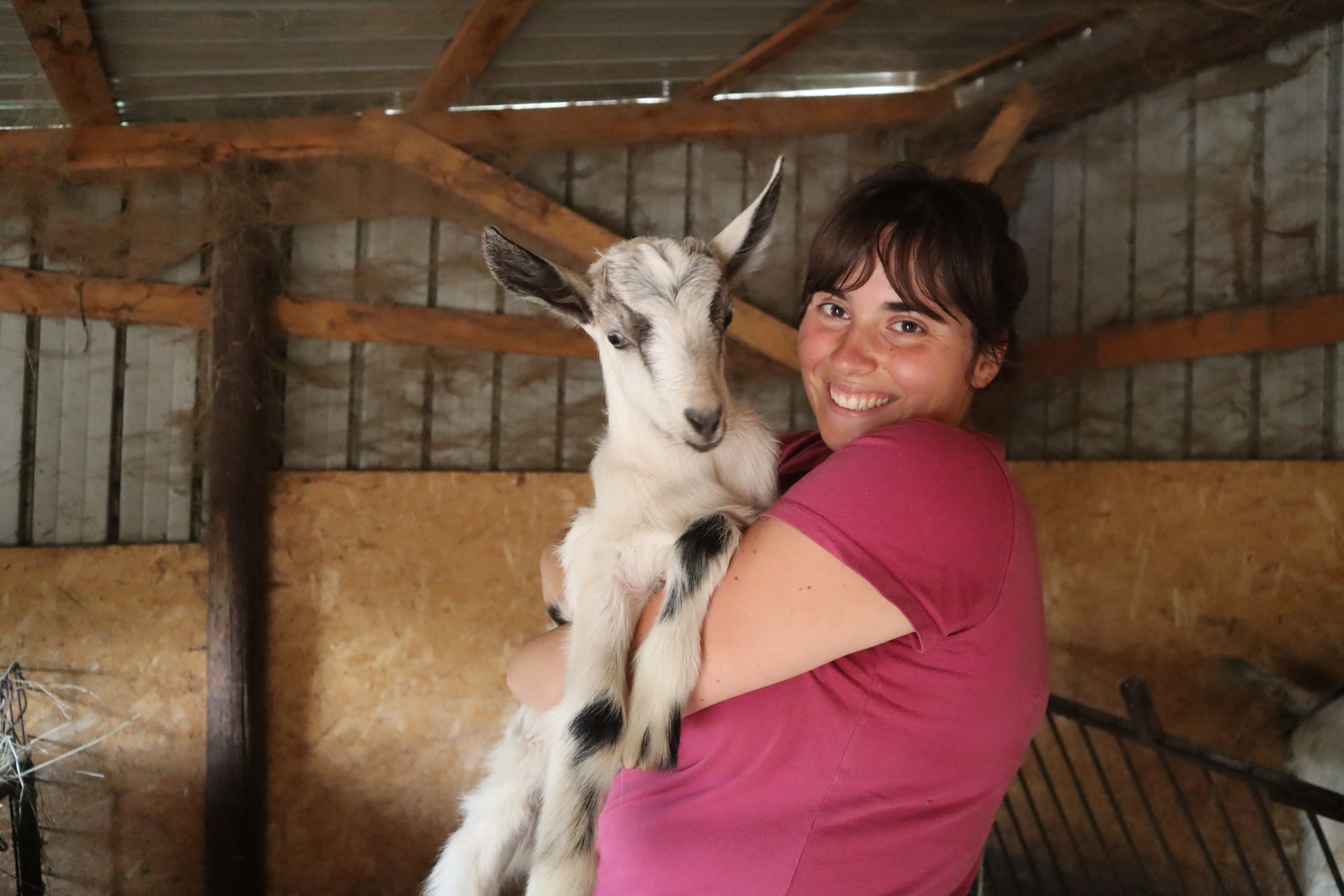 A woman holds a goat up