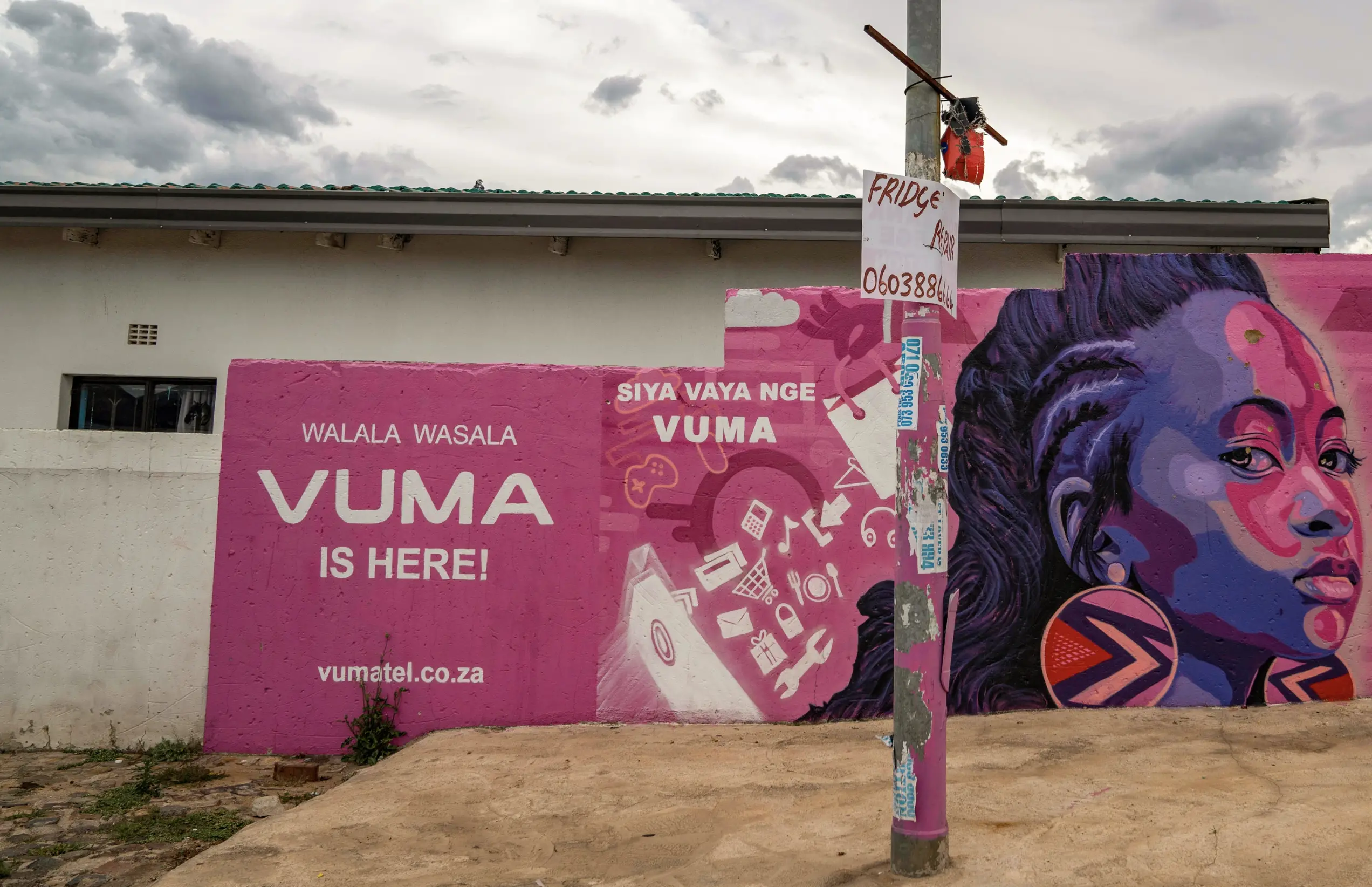 A mural just off Vilakazi Street advertises the arrival of Vuma fiber internet in Soweto, South Africa.
