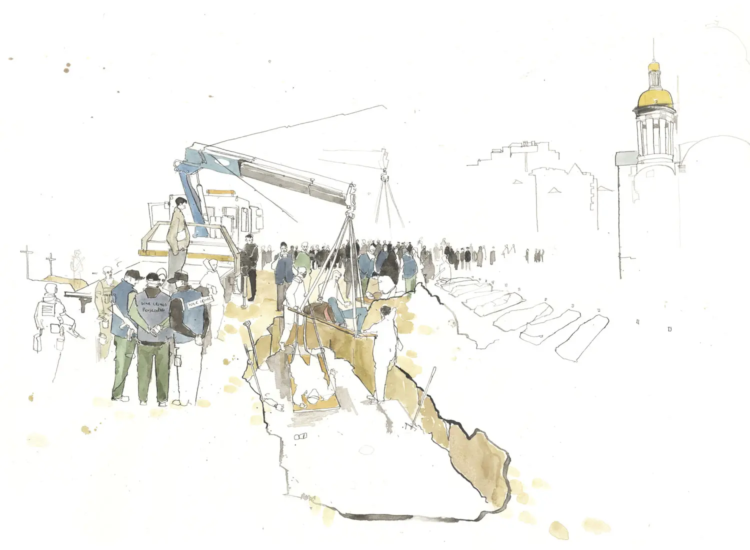 Illustration of a crane on the back of a truck lifting bodies out of a large hole. There are body bags lined up along the exhumation, many people and soldiers standing around. There is a golden dome indicating the grave is next to a church. 