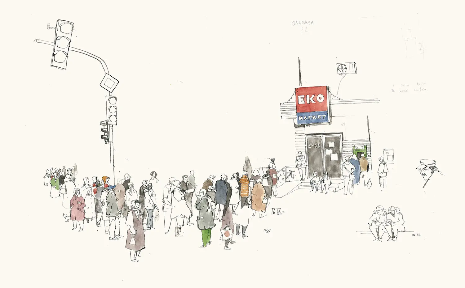 Illustration of a queue forms outside of an EKO market at a redlight.. The people in line wear winter coats and beils. 
