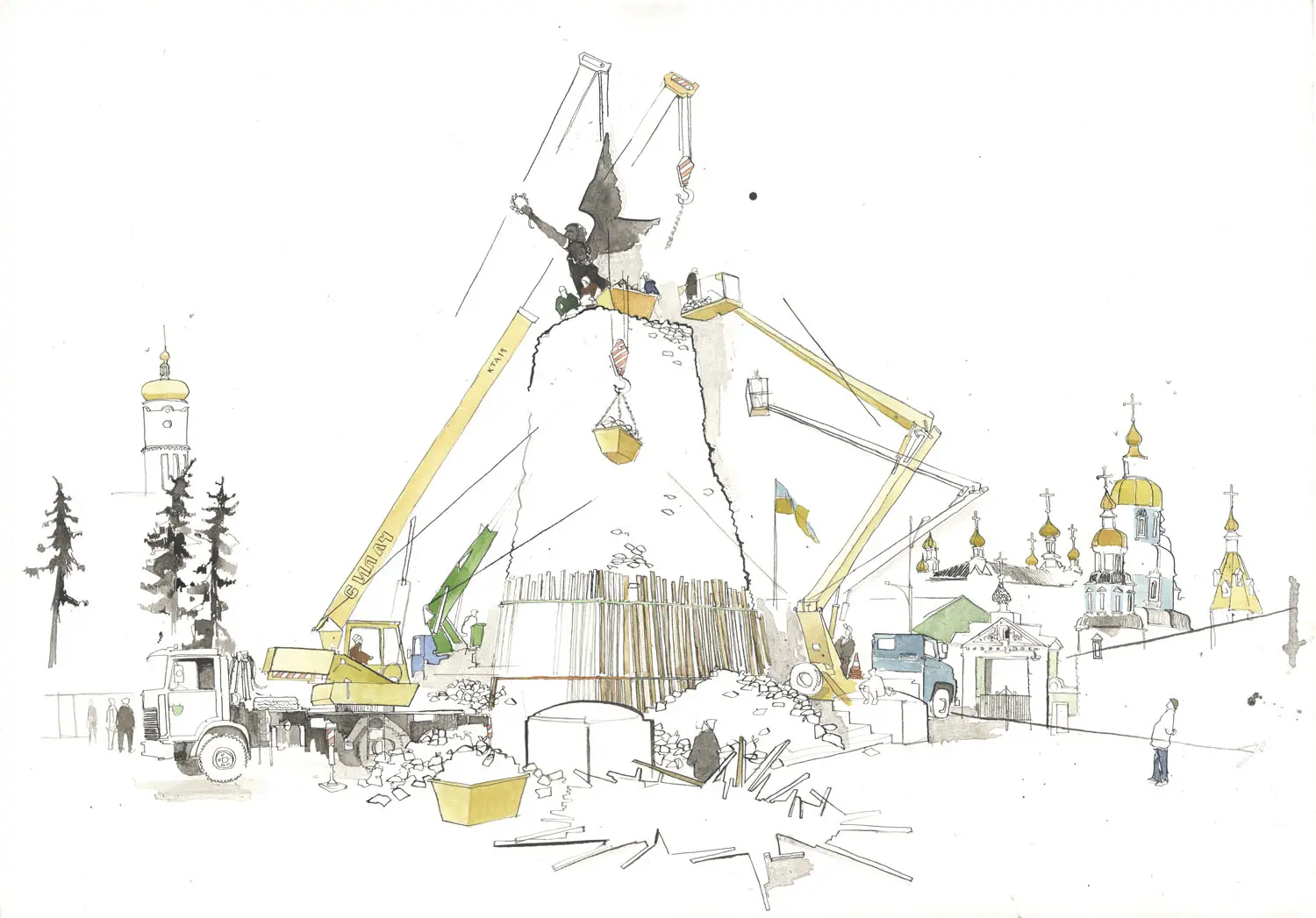 Illustration of a city square where crane trucks surround a tall statue. There are golden domes in the background. The cranes are lifting people and supplies meant to protect the statue. 