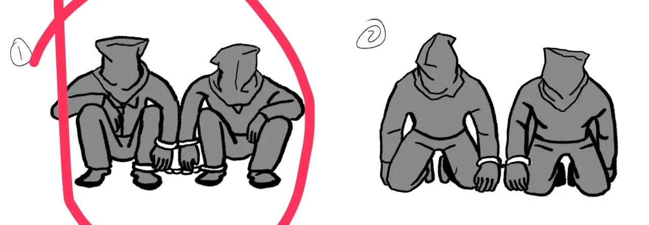 Two versions of an illustration of two prisoners with bags over their heads.