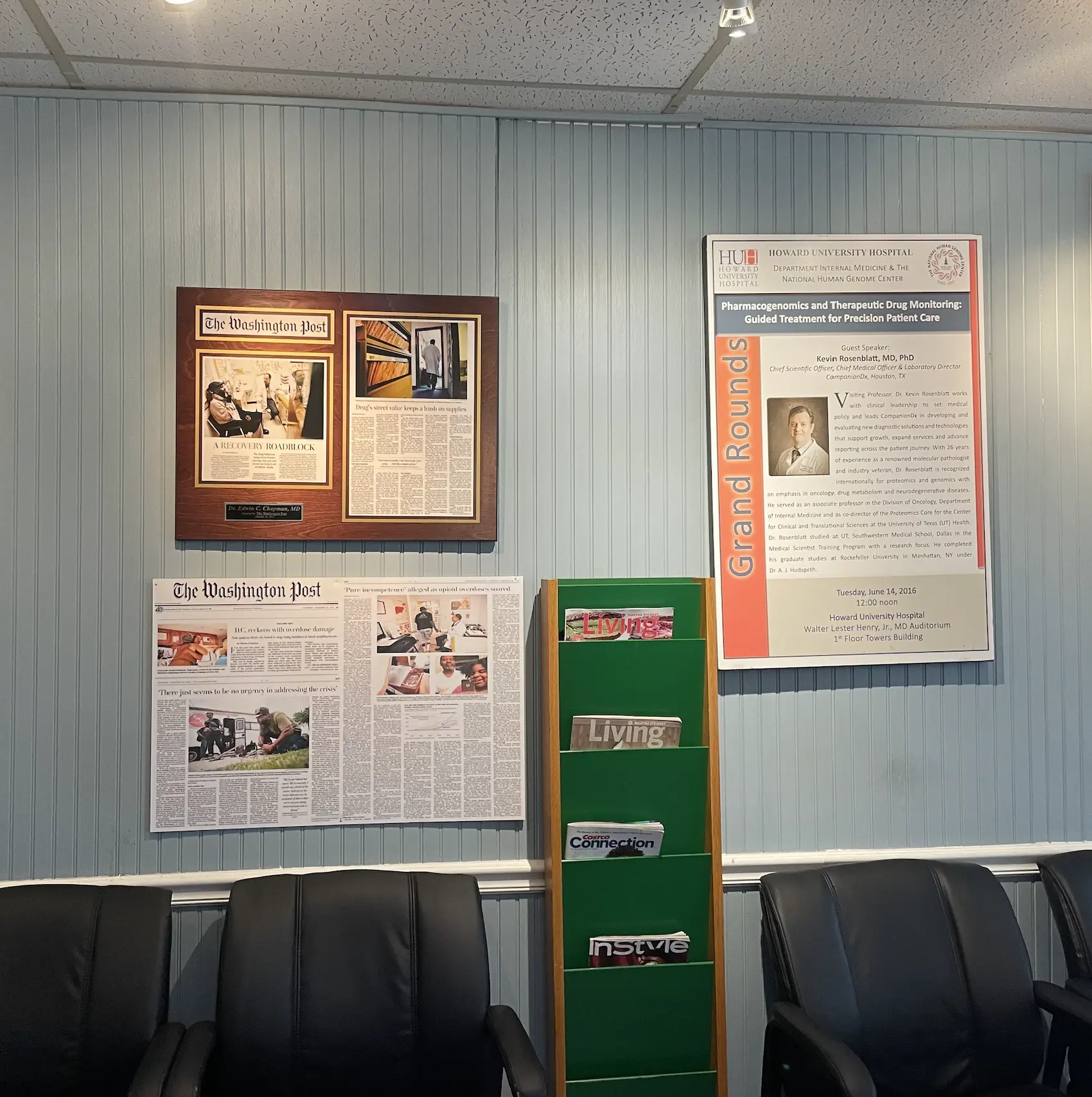 waiting room wall with articles in Dr. Chapman's clinic