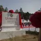 The China-US Demonstration Farm foundation stone is draped in red for the farm's groundbreaking ceremony on Saturday, Sept. 23, 2017, in Luanping County, Hebei, China. Image by Kelsey Kremer. China, 2017.