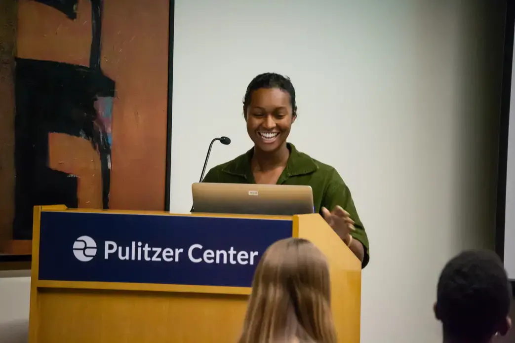 Autumn Harris (Spelman College) speaks on her project, 'Ecuador: For Some, Dribbling Is the Only Way to Score' during the 'Cultural Identity' panel on Day One of Washington Weekend. Image by Nora Moraga-Lewy. United States, 2019.