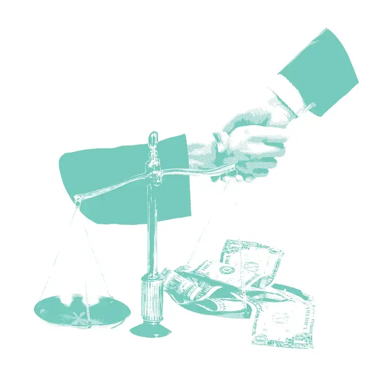 teal halftone illustration of two hands shaking and a scale holding dollar bills
