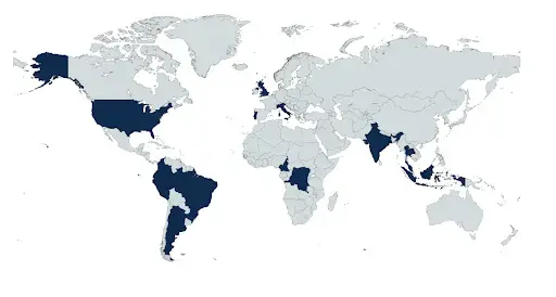 2023 map of Pulitzer Center staff in 14 countries