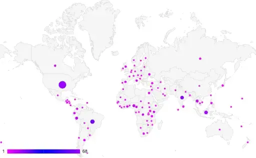 map representing 103 countries that Pulitzer Center journalists reported from in 2023