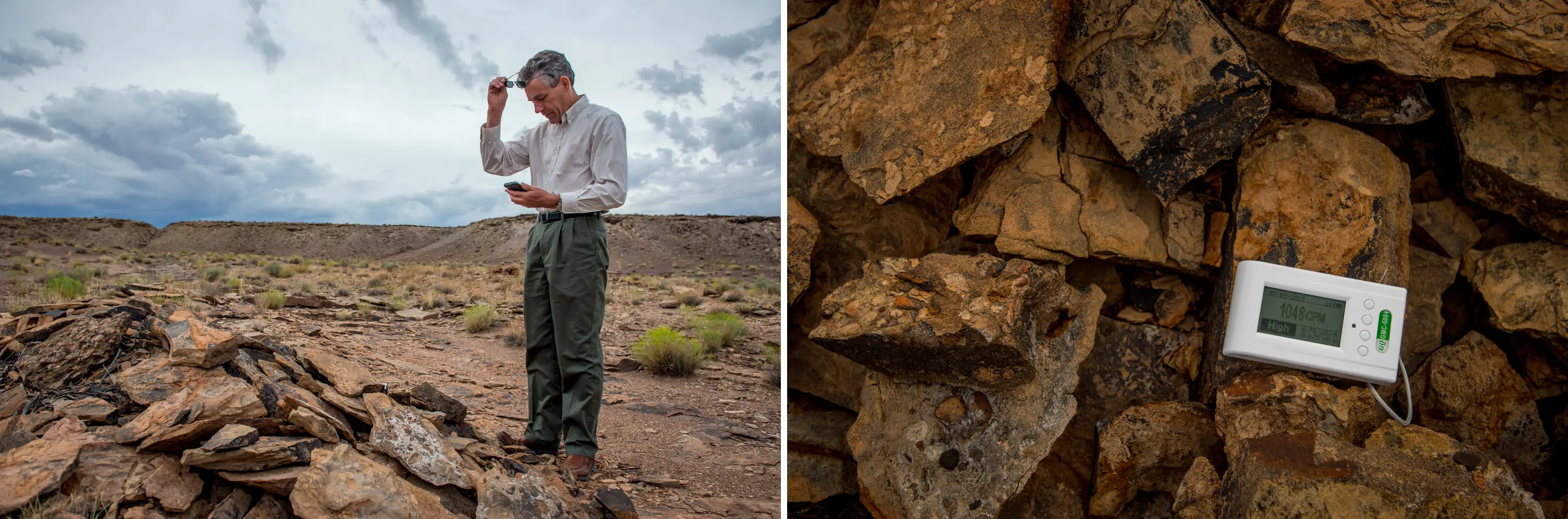 Dr. Frank Dalichow brings his Geiger counter to detect radiation in the surrounding soil and rock when he goes for walks near Tuba City. Images by Mary F. Calvert. United States, 2020.