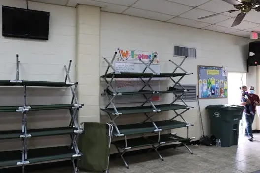 Stacked beds in a shelter for migrants